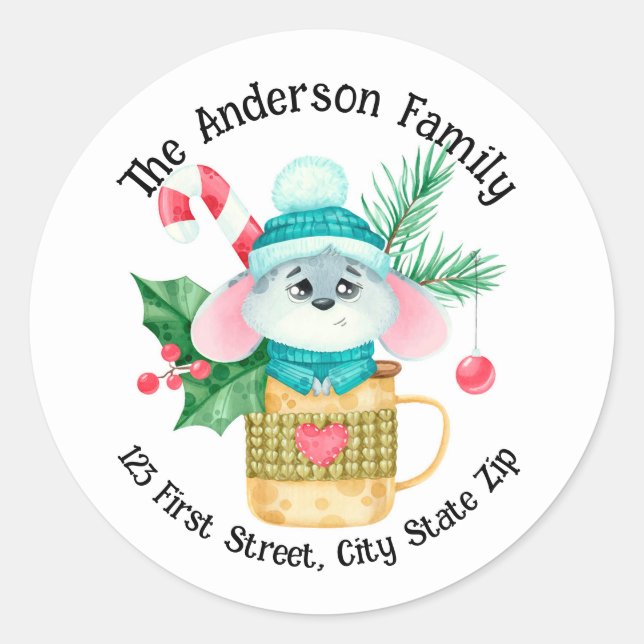 Watercolor Christmas Mouse Mug Candy Cane Classic Round Sticker (Front)