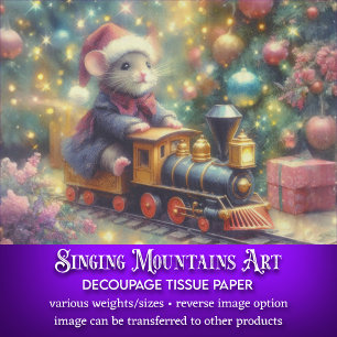 Watercolor Christmas Mouse Riding Train Decoupage Tissue Paper