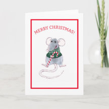 WATERCOLOR CHRISTMAS MOUSE WITH CANDY CANE