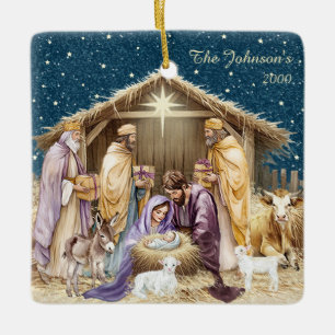Watercolor Christmas Nativity Ceramic Ornament