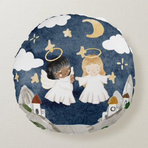 Watercolor Christmas Nativity Round Cushion