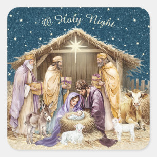 Watercolor Christmas Nativity Square Sticker