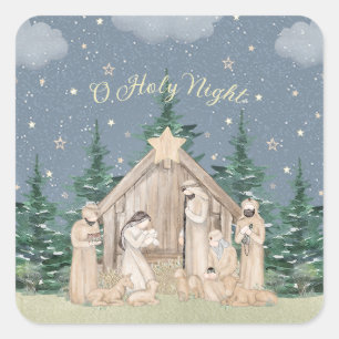 Watercolor Christmas Nativity Square Sticker