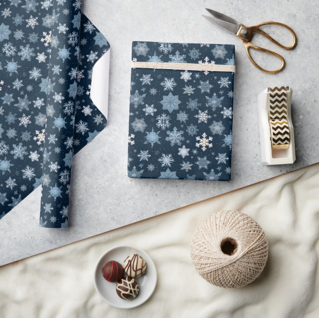 Watercolor Christmas Navy Snowflakes  Wrapping Paper (Crafts)