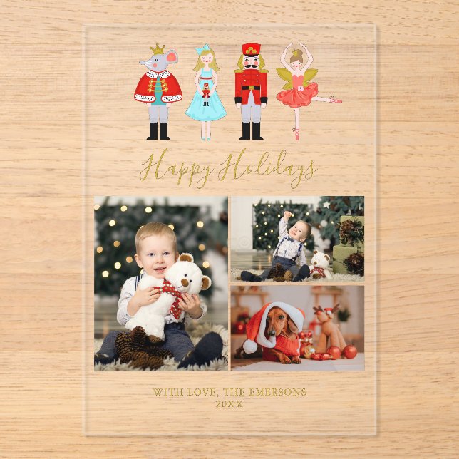 Watercolor Christmas Nutcracker 3 Photo Collage Acrylic Invitations (Front)