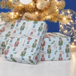 Watercolor Christmas Nutcrackers and Snowflakes Wrapping Paper