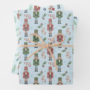 Watercolor Christmas Nutcrackers and Snowflakes Wrapping Paper Sheet