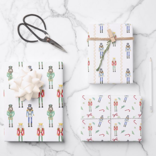 Watercolor Christmas Nutcrackers Wrapping Paper Sheet (Front)