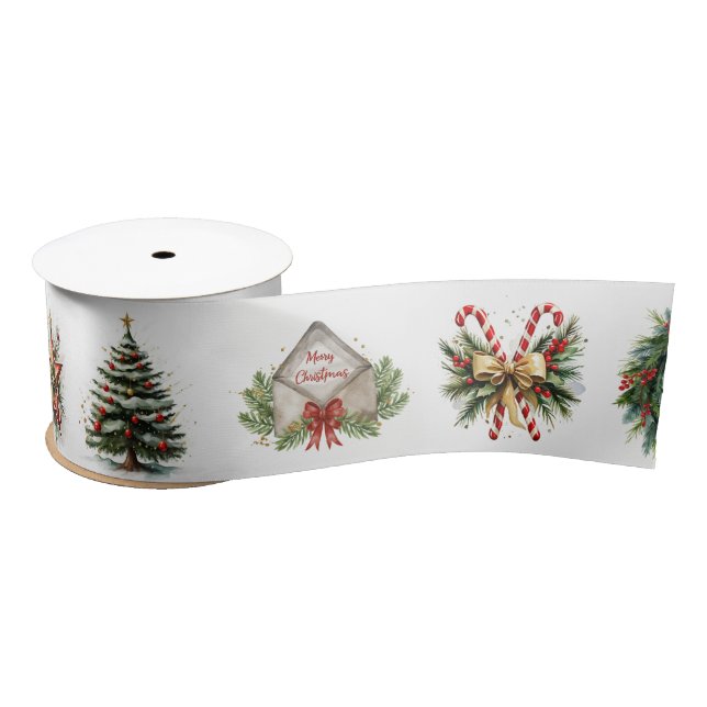 Watercolor Christmas On White Satin Ribbon (Spool)