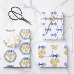 Watercolor Christmas or Wedding Bells and Bows Wrapping Paper Sheet