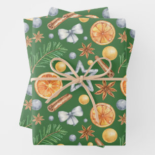 Watercolor Christmas Orange Spice, Evergreen Wrapping Paper Sheet