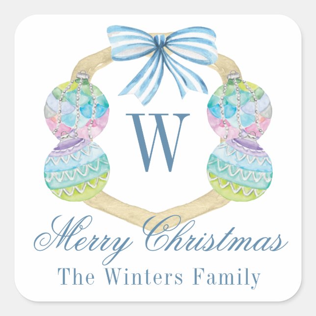 Watercolor Christmas Ornament Monogram Crest Square Sticker (Front)