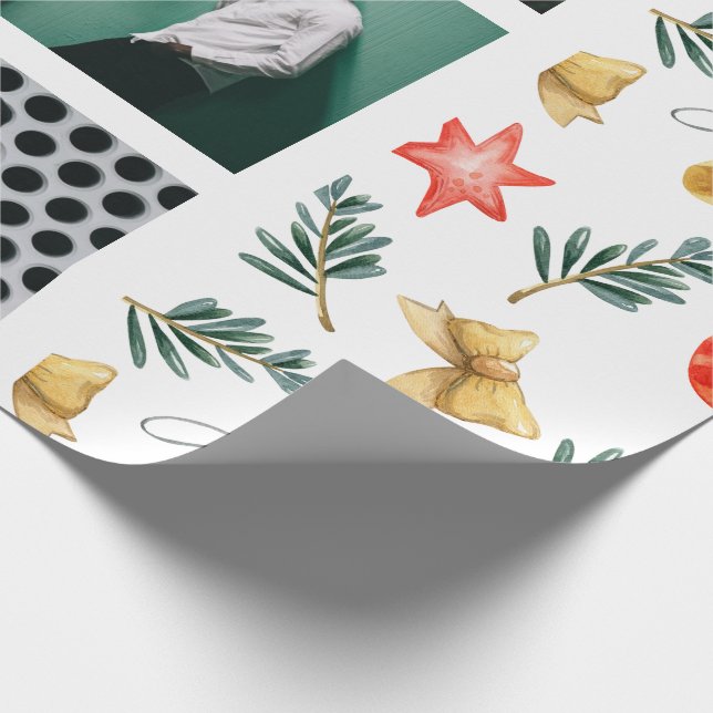 Watercolor Christmas Ornaments Photo Collage Wrapping Paper (Corner)