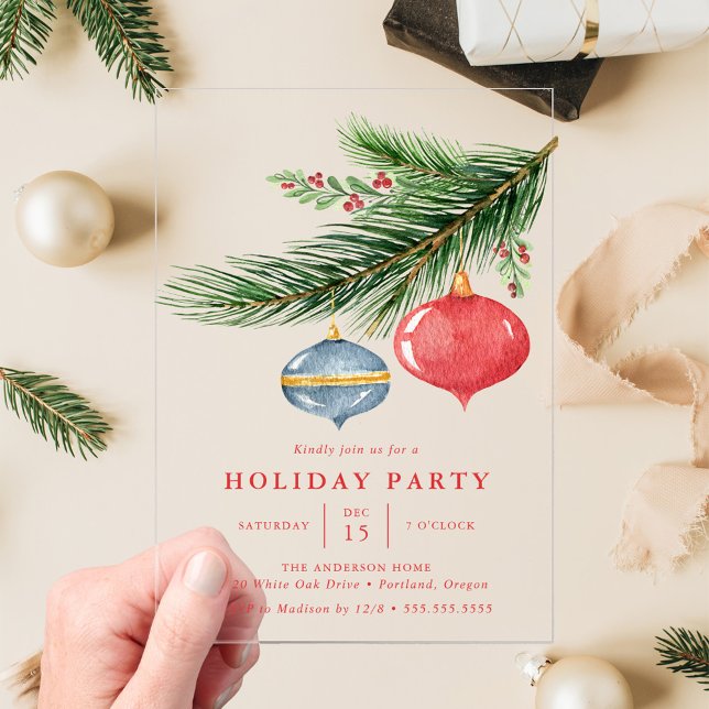 Watercolor Christmas Ornaments Pine Holiday Party Acrylic Invitations (Creator Uploaded)