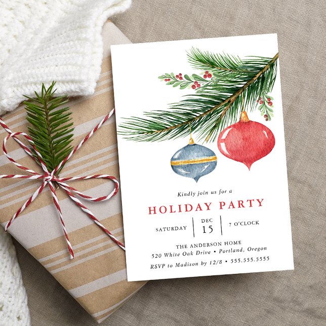 Watercolor Christmas Ornaments Pine Holiday Party Invitation (Creator Uploaded)