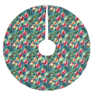 Watercolor Christmas Ornaments, Red and Teal Green Brushed Polyester Tree Skirt