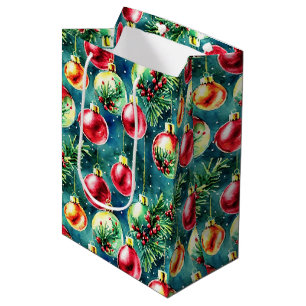 Watercolor Christmas Ornaments, Red and Teal Green Medium Gift Bag