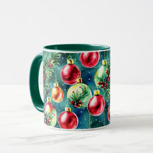 Watercolor Christmas Ornaments, Red and Teal Green Mug