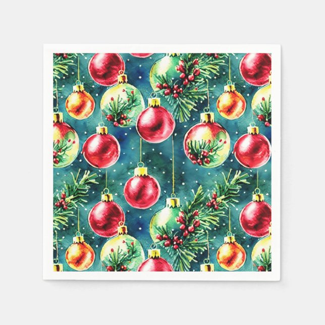 Watercolor Christmas Ornaments, Red and Teal Green Napkin (Front)