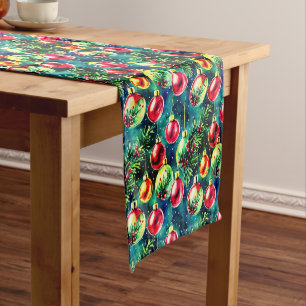 Watercolor Christmas Ornaments, Red and Teal Green Short Table Runner