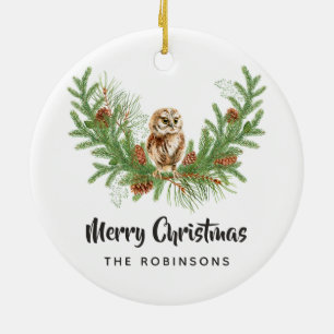 Watercolor Christmas Owl Family Photo Ceramic Tree Decoration