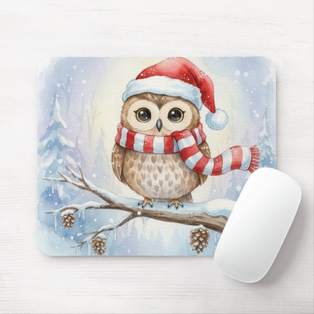 Watercolor Christmas Owl In a Santa Hat Mouse Mat (With Mouse)