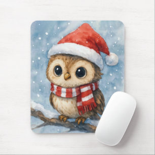 Watercolor Christmas Owl in Snowflakes Mouse Mat