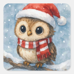 Watercolor Christmas Owl in Snowflakes Square Sticker