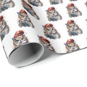 Watercolor Christmas Owl Santa Hat Allover Pattern Wrapping Paper