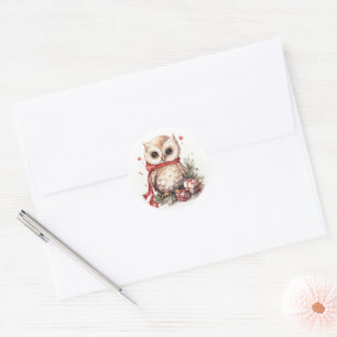 Watercolor Christmas Owl With Gifts Classic Round Sticker