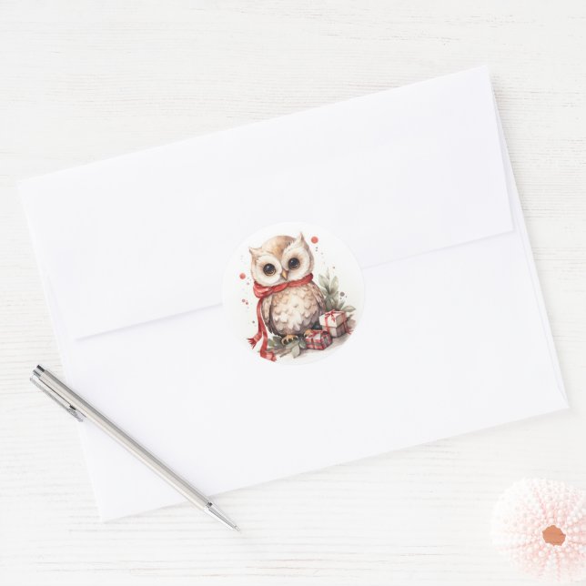 Watercolor Christmas Owl With Gifts Classic Round Sticker (Envelope)