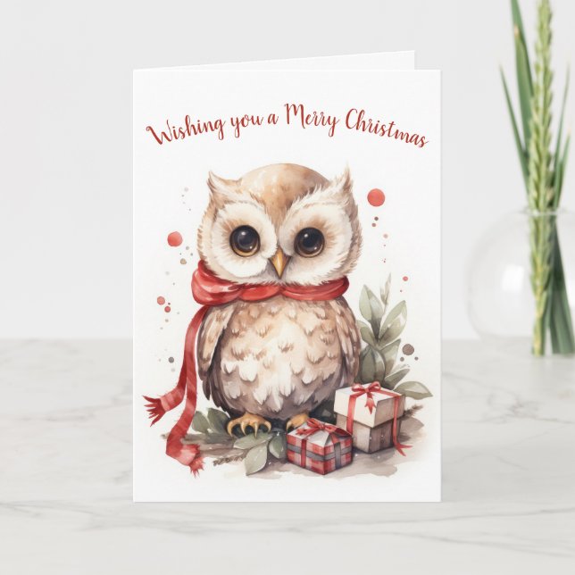 Watercolor Christmas Owl With Gifts Holiday Card (Front)