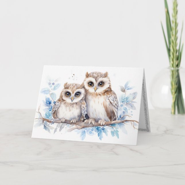 Watercolor Christmas Owls On Branch Holiday Card (Front)