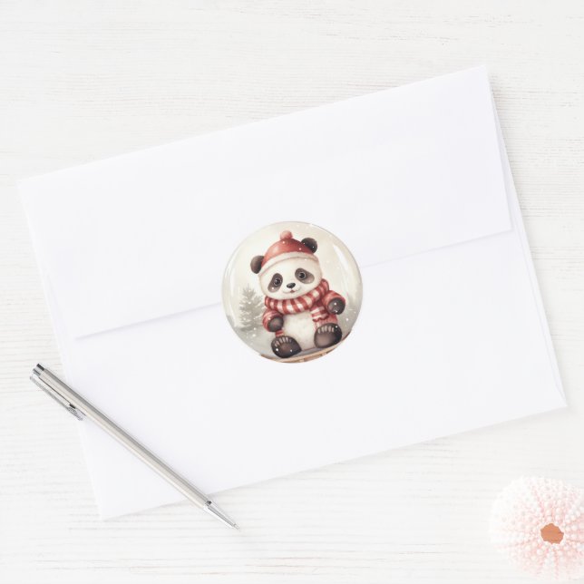 Watercolor Christmas Panda Bear Classic Round Sticker (Envelope)