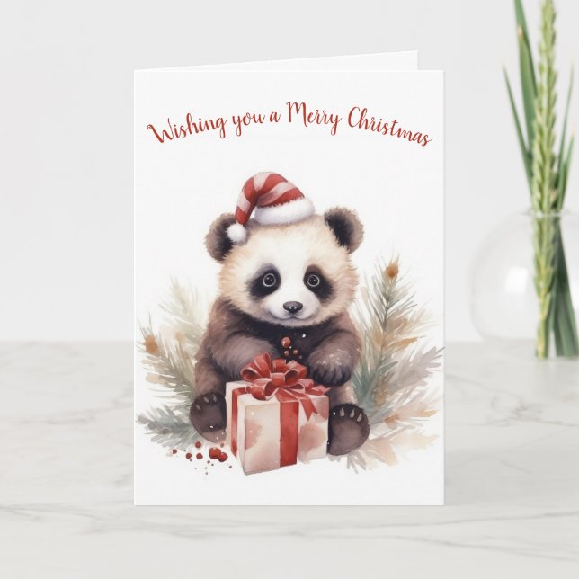 Watercolor Christmas Panda Bear With Gifts Holiday Card (Front)
