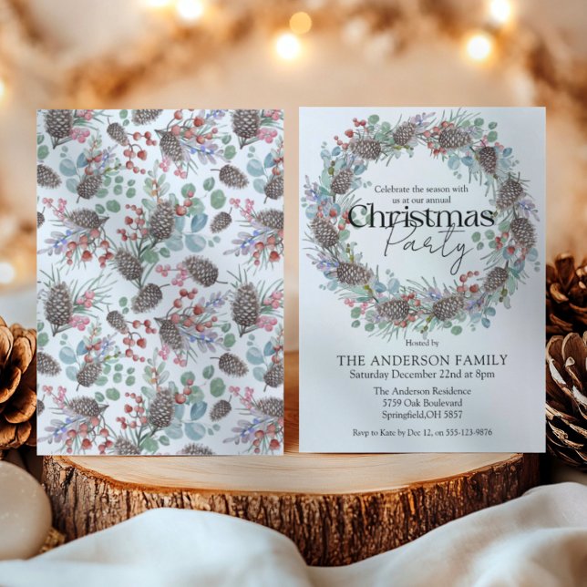 Watercolor Christmas Party Botanical Wreath Invitation (Creator Uploaded)