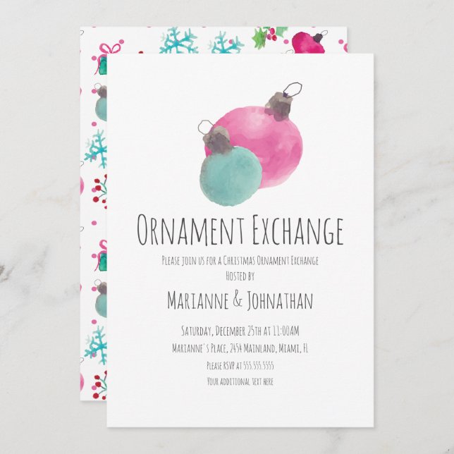 Watercolor Christmas Party Ornaments Exchange Invitation (Front/Back)