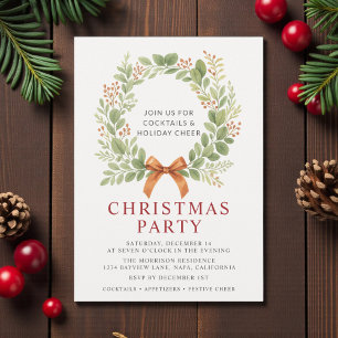 Watercolor Christmas Party Red Bow Wreath Invitation