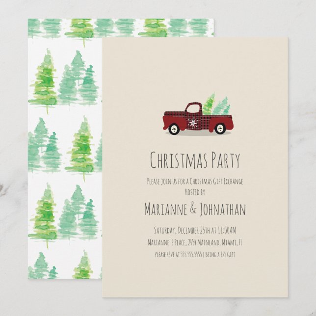 Watercolor Christmas Party Rustic Plaid Truck Invitation (Front/Back)