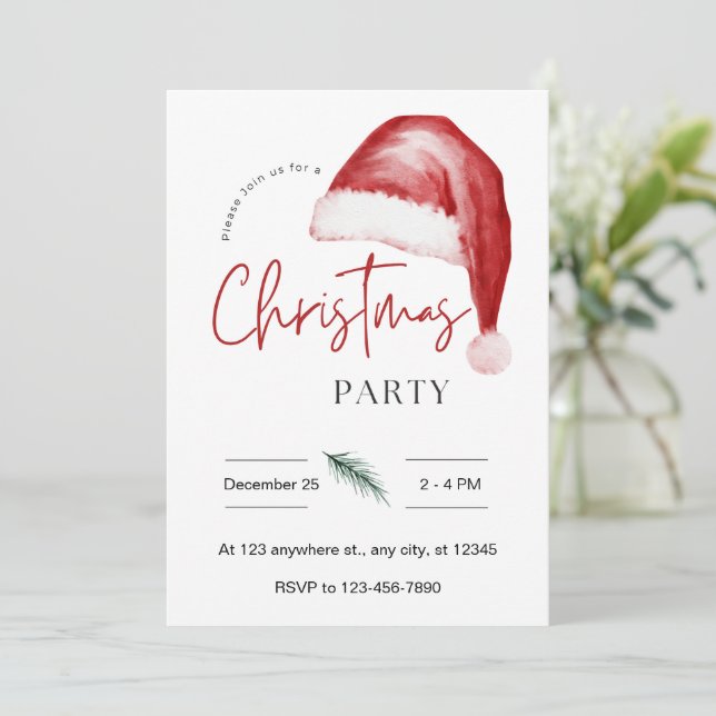 Watercolor Christmas Party Santa Hat Invitation (Standing Front)