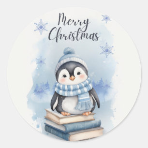 Watercolor Christmas Penguin Classic Round Sticker