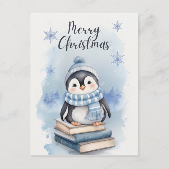 Watercolor Christmas Penguin Holiday Postcard (Front)