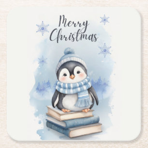 Watercolor Christmas Penguin Square Paper Coaster