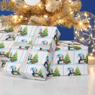 Watercolor Christmas Penguins Wrapping Paper