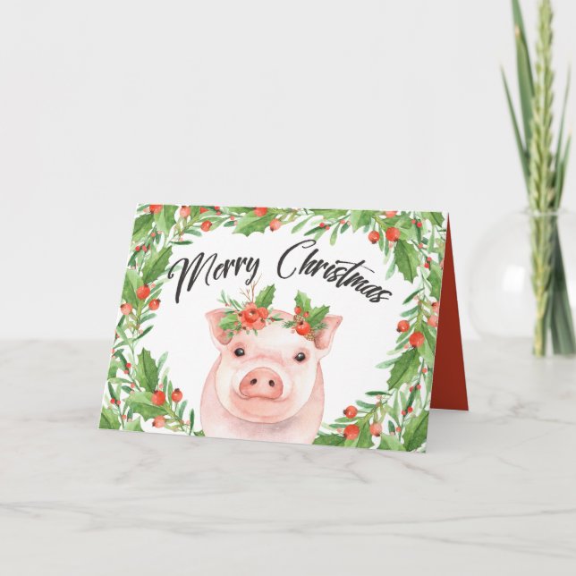 Watercolor Christmas Pig Holiday Card (Front)