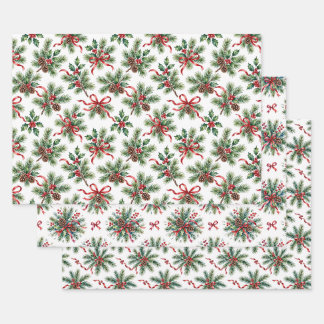 Watercolor Christmas Pine and Holly Gift Wrapping Paper Sheet
