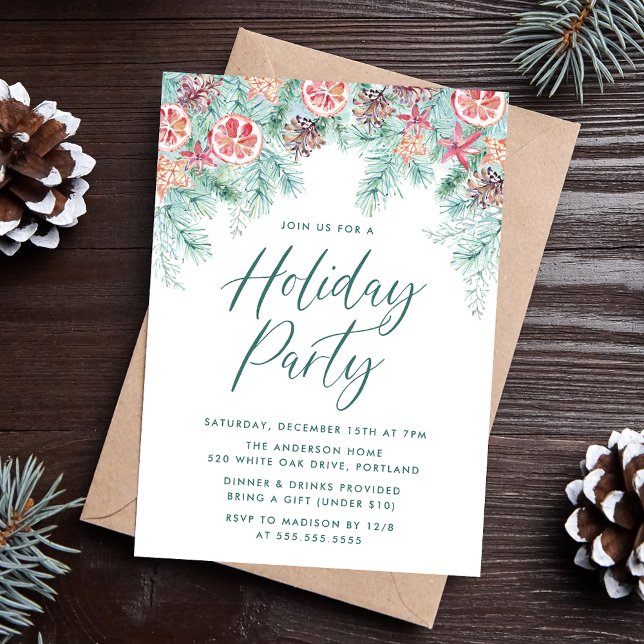 Watercolor Christmas Pine & Citrus Holiday Party Invitation (Creator Uploaded)