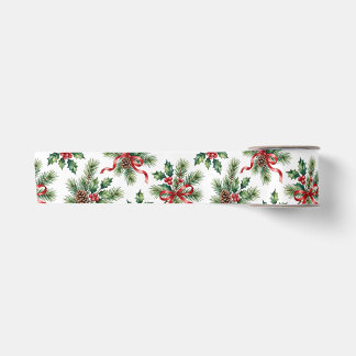 Watercolor Christmas Pine Cone and Holly Ribbon Satin Ribbon