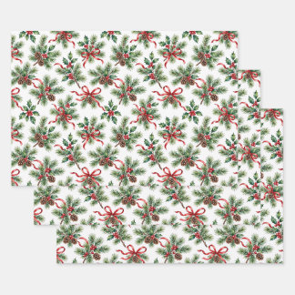 Watercolor Christmas Pine Cone and Holly Ribbon Wrapping Paper Sheet