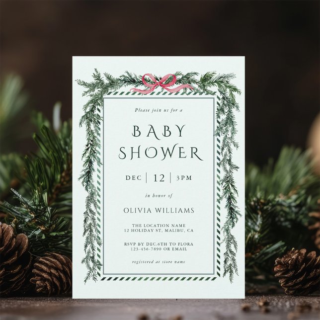 Watercolor Christmas Pine Garland Baby Shower Mint Invitation (Creator Uploaded)
